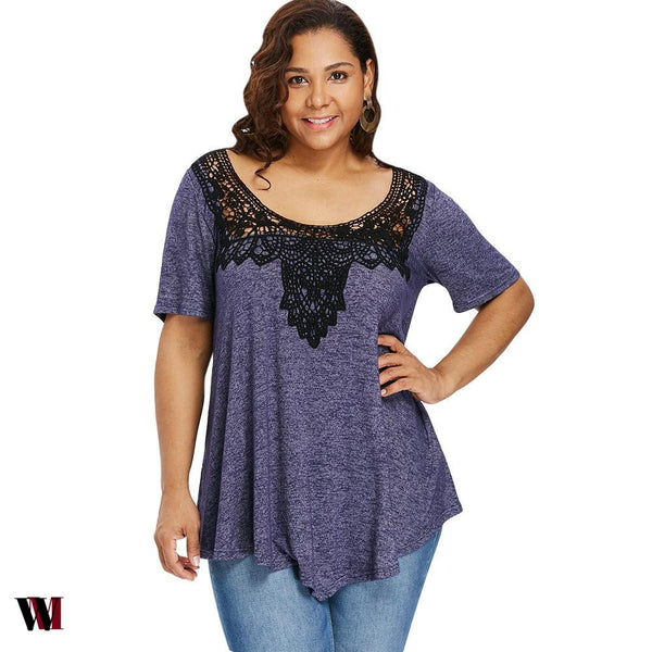 Plus Size Scoop Neck Lace Color Blocking T-shirt