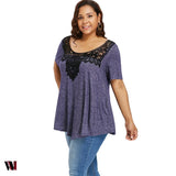 Plus Size Scoop Neck Lace Color Blocking T-shirt