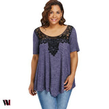 Plus Size Scoop Neck Lace Color Blocking T-shirt