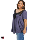 Plus Size Scoop Neck Lace Color Blocking T-shirt