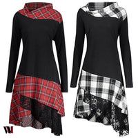 Stand Collar Plaid Spliced Lace Plus Size Dress