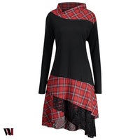 Stand Collar Plaid Spliced Lace Plus Size Dress