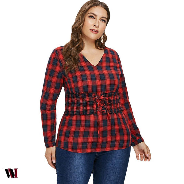 Plus Size Lace Up Corset Tartan Shirt