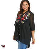 Plus Size Button Up Embroidery Blouse