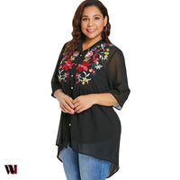 Plus Size Button Up Embroidery Blouse