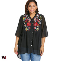 Plus Size Button Up Embroidery Blouse