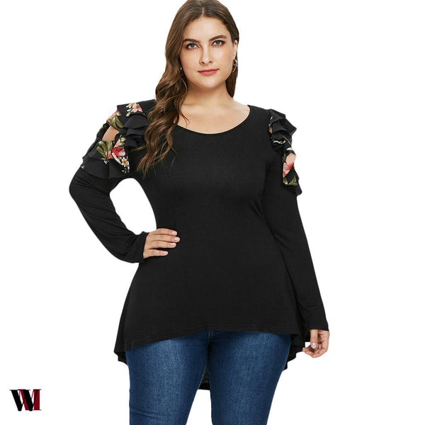 Plus Size Ruffle Cold Shoulder Floral T-shirt