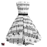 Vintage Boat Neck Sleeveless Belted A-line Women Note Print Dress