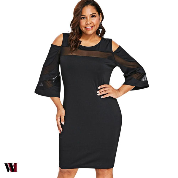 Cold Shoulder Plus Size Mesh Panel Knee Length Dress