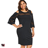 Cold Shoulder Plus Size Mesh Panel Knee Length Dress