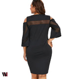 Cold Shoulder Plus Size Mesh Panel Knee Length Dress