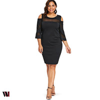 Cold Shoulder Plus Size Mesh Panel Knee Length Dress