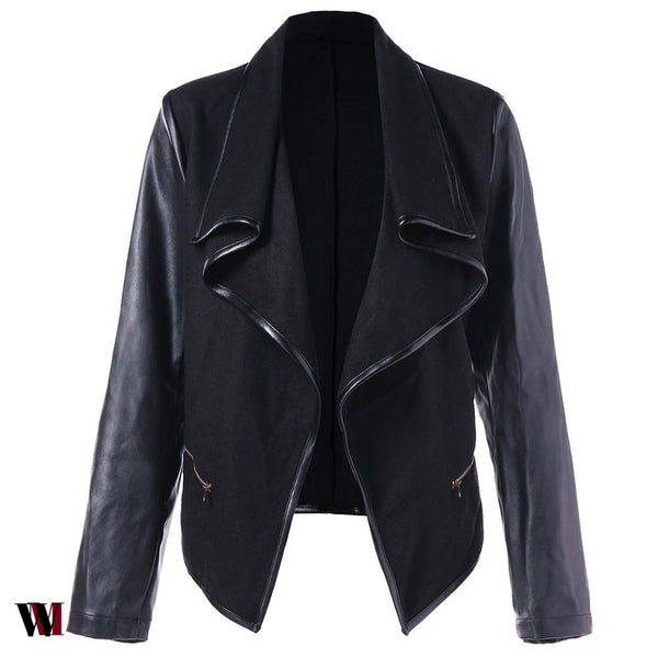 Open Front PU Leather Panel Jacket