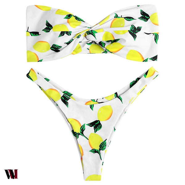 Strapless Backless Padded Lemon Print Low Waist Women Bikini Set