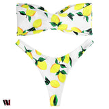 Strapless Backless Padded Lemon Print Low Waist Women Bikini Set