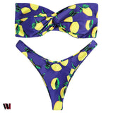 Strapless Backless Padded Lemon Print Low Waist Women Bikini Set