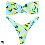 Strapless Backless Padded Lemon Print Low Waist Women Bikini Set