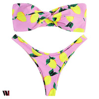 Strapless Backless Padded Lemon Print Low Waist Women Bikini Set