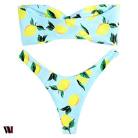 Strapless Backless Padded Lemon Print Low Waist Women Bikini Set