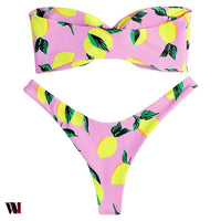 Strapless Backless Padded Lemon Print Low Waist Women Bikini Set