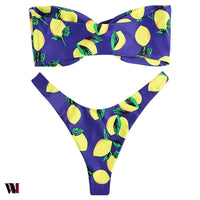 Strapless Backless Padded Lemon Print Low Waist Women Bikini Set