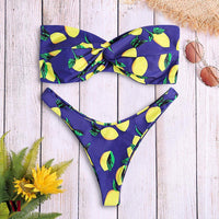 Strapless Backless Padded Lemon Print Low Waist Women Bikini Set