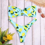 Strapless Backless Padded Lemon Print Low Waist Women Bikini Set