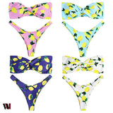 Strapless Backless Padded Lemon Print Low Waist Women Bikini Set