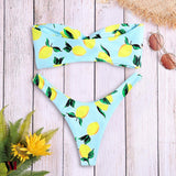 Strapless Backless Padded Lemon Print Low Waist Women Bikini Set