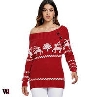 Off The Shoulder Reindeer Knit Tunic Sweater