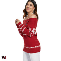 Off The Shoulder Reindeer Knit Tunic Sweater