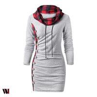 Plaid Trim Cowl Neck Tunic Sweatshirt Dress