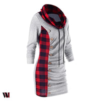 Plaid Trim Cowl Neck Tunic Sweatshirt Dress