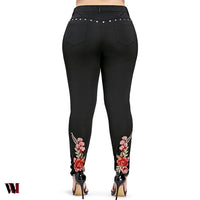 Floral Embroidered Rivet Plus Size Pencil Pants