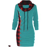 Plaid Trim Cowl Neck Tunic Sweatshirt Dress