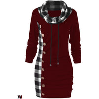 Plaid Trim Cowl Neck Tunic Sweatshirt Dress