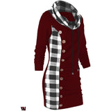 Plaid Trim Cowl Neck Tunic Sweatshirt Dress