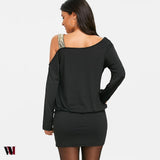 Long Sleeve Sequins Cold Shoulder Blouson Dress