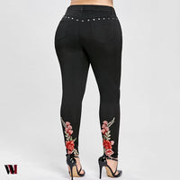 Floral Embroidered Rivet Plus Size Pencil Pants