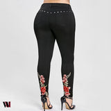 Floral Embroidered Rivet Plus Size Pencil Pants