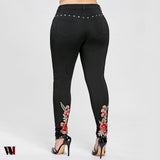 Floral Embroidered Rivet Plus Size Pencil Pants