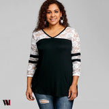 Plus Size Lace Insert V Neck T-shirt