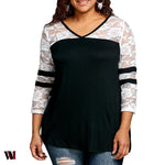 Plus Size Lace Insert V Neck T-shirt