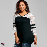 Plus Size Lace Insert V Neck T-shirt