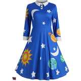 Flare Vintage Sun and Moon Print Dress