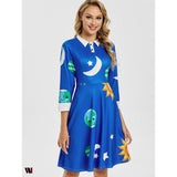 Flare Vintage Sun and Moon Print Dress