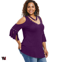 Plus Size V Neck Open Shoulder T-shirt