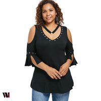 Plus Size V Neck Open Shoulder T-shirt