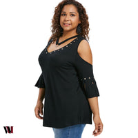 Plus Size V Neck Open Shoulder T-shirt