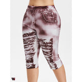 Plus Size 3D Ripped Jean Print Capri Leggings